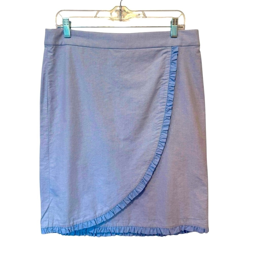 J. Crew Blue Chambray Oxford Ruffle Faux Wrap Pencil Skirt Preppy Size 10 - Picture 9 of 10